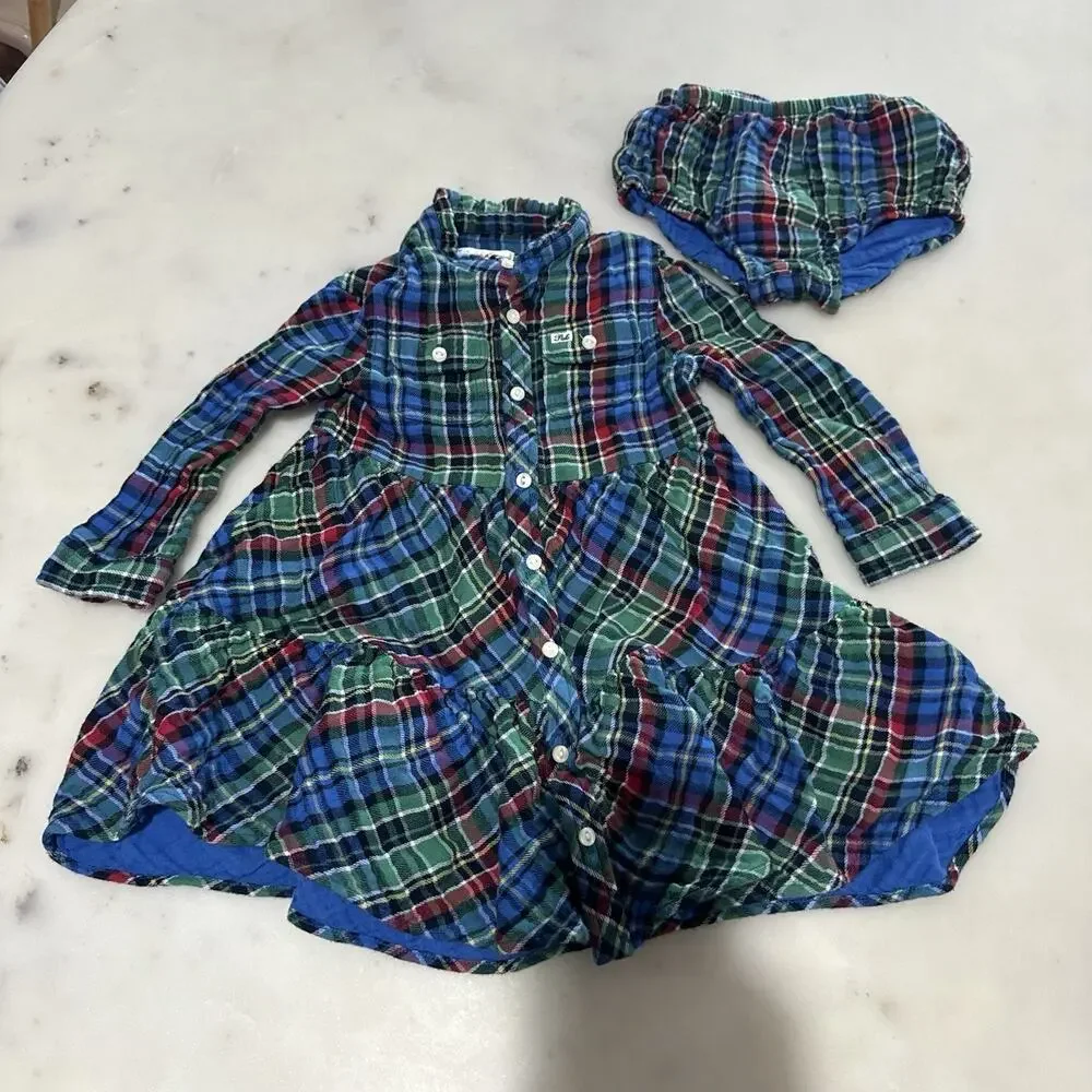 Polo Ralph Lauren Dress Girls 18M Red Plaid Flannel Shirt Drop Waist Long Sleeve